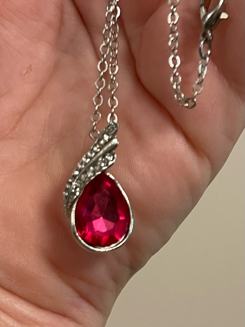 Silver Teardrop Pendant Necklace with Deep Pink Gemstone